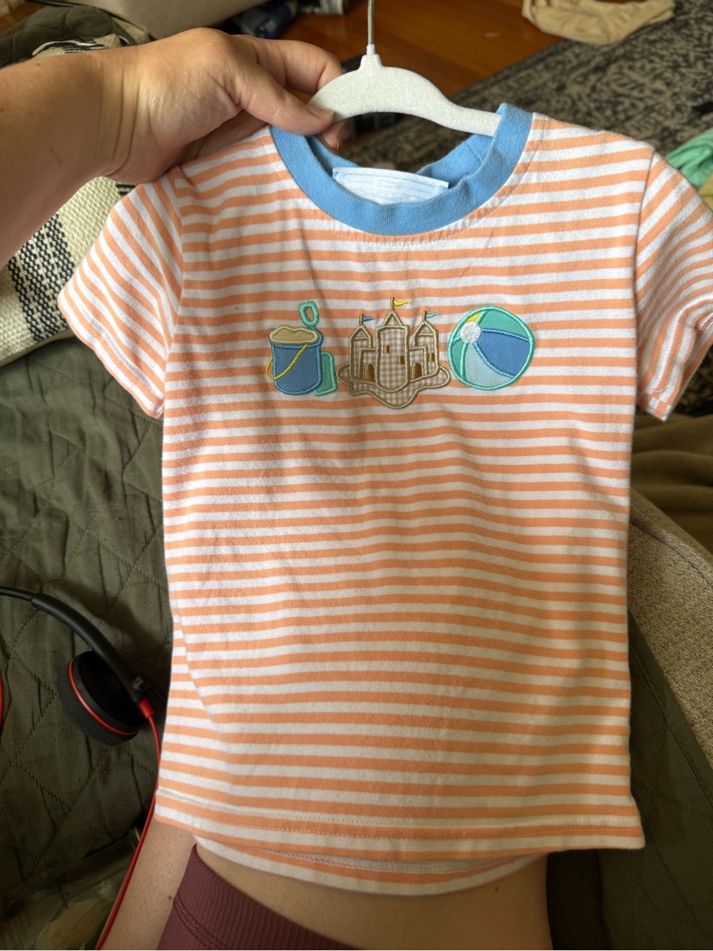 Trotter Street Kids' Orange & White Stripe Tee with Blue Trim and Beach Patch - Picture 2 of 4